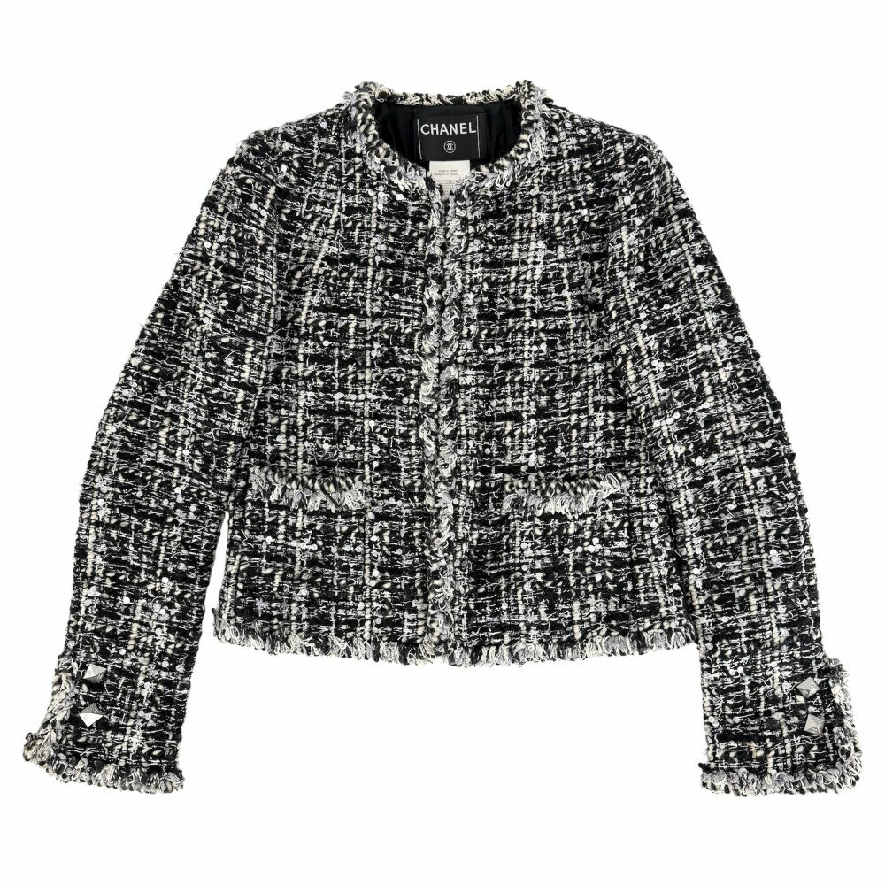 Rakuten - シャネル ノーカラージャケット レディース ツイード アウター アパレル スパンコール 服 CHANEL 34 ブラック 黒 ホワイト 白 【中古品】