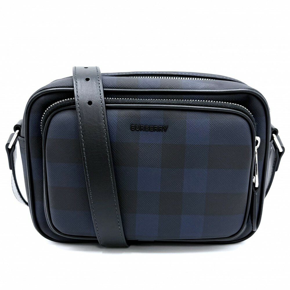 バーバリー ショルダーバッグ メンズ チェック パディバッグ 肩掛け 斜め掛け BURBERRY 8073271 コーティングキャンバス ネイビー 紺 ブラック 黒 シルバー金具【中古品】