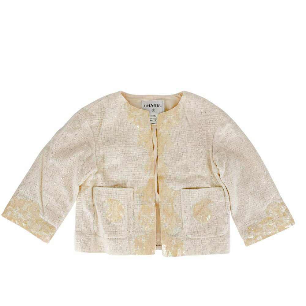 Rakuten - シャネル ノーカラージャケット レディース 貝殻 ジャケット アパレル 服 前ホック CHANEL 38 アイボリー コットン ビニール レーヨン アクリル【中古品】