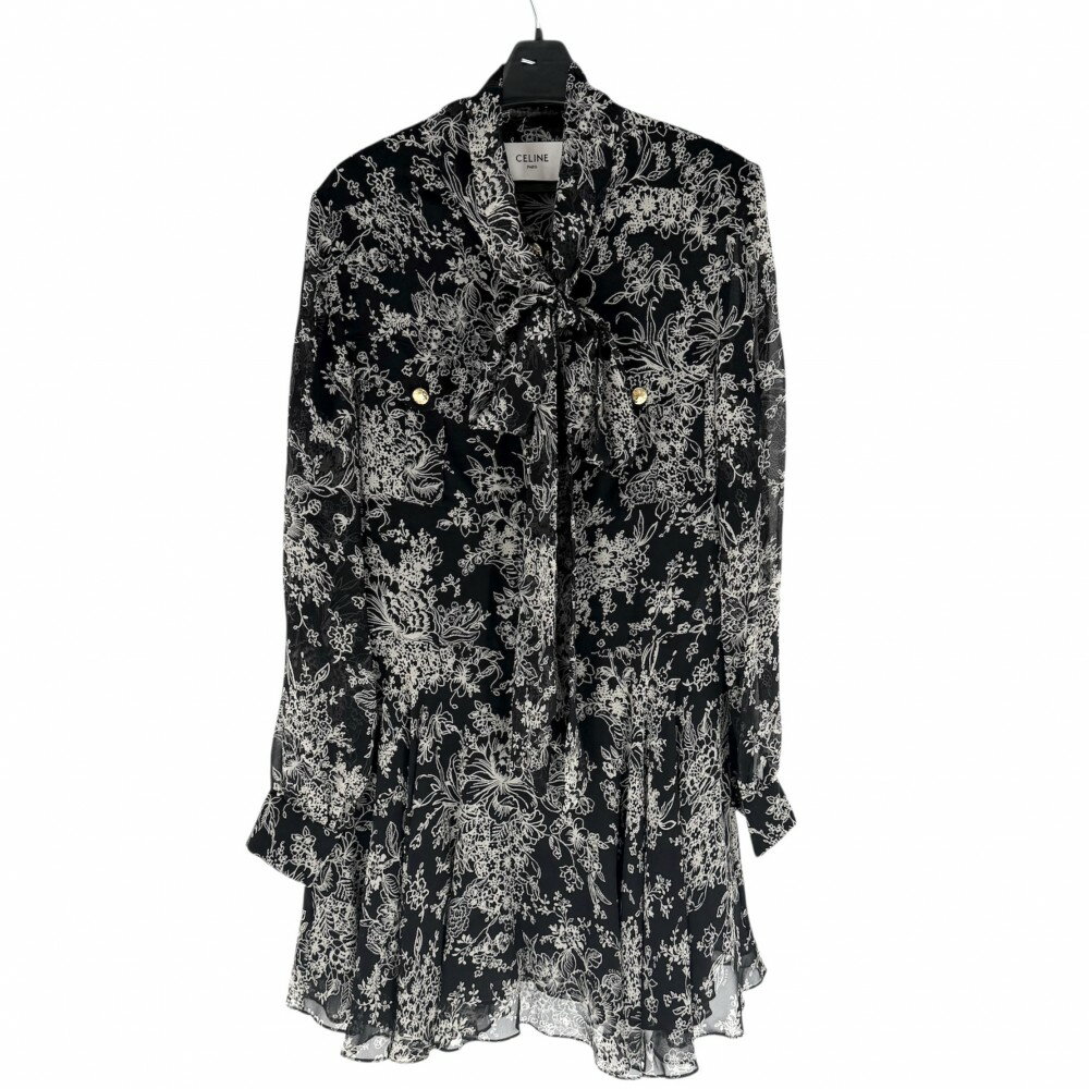 Rakuten - セリーヌ ワンピース レディース 花柄 ボウタイ 長袖 アパレル 服 CELINE 38 ブラック 黒 ベージュ ゴールド金具 シルク 美品【中古品】