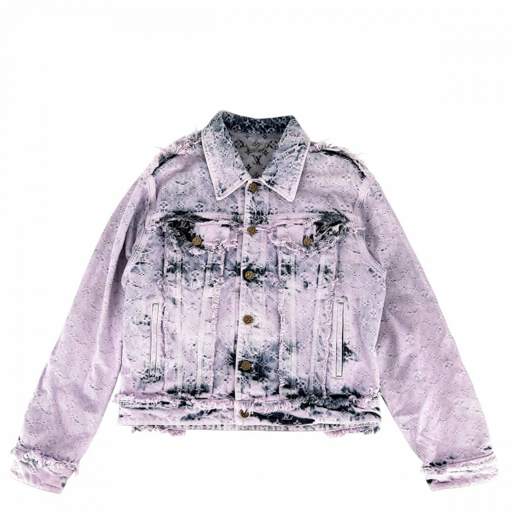 Rakuten - ルイヴィトン デニムジャケット メンズ ボーイフッド フリンジ アウター ダメージ加工 モノグラム 服 LOUIS VUITTON 48 ピンク ブルー 青 アンティークゴールド金具 コットン 春 秋 美品【中古品】