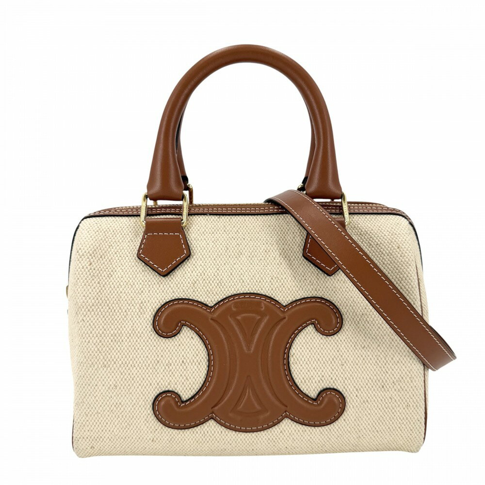 Rakuten - セリーヌ 2WAY レディース トリオンフ キュイルスモール ミニボストン ショルダーバッグ 肩掛け 斜め掛け CELINE 197582EFL.02NT キャンバス レザー ベージュ ブラウン 茶 ゴールド金具【中古品】