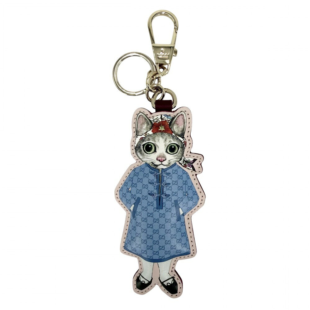 樂天商城 - グッチ キーリング レディース ヒグチユウココラボ キーホルダー チャーム 猫 アクセサリー GGスプリーム GUCCI 851743 レザー ブルー 青 ピンク ゴールド金具 美品【中古品】