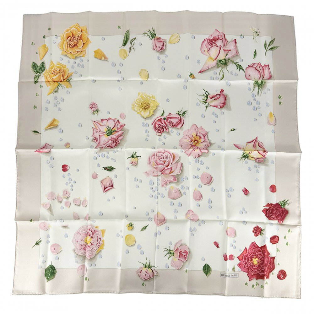 樂天商城 - エルメス スカーフ レディース カレ90 LA ROSEE 薔薇の雫 ファッションアイテム Carres HERMES シルク アイボリー レッド 赤 美品【中古品】
