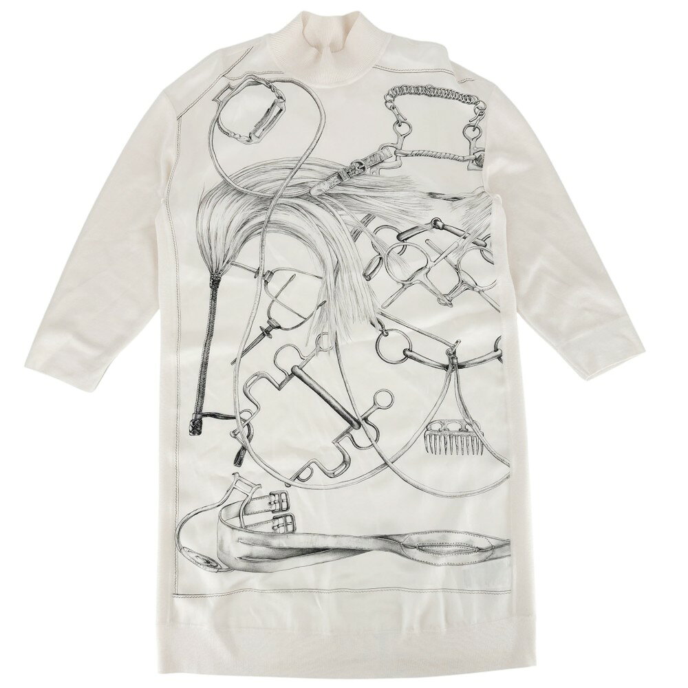 エルメス ワンピース レディース ツイルレーヌ ETRIERS 七分丈 アパレル ニット切り替え 服 HERMES 40 アイボリー シルク シルク カシミヤ ナイロン 春 秋