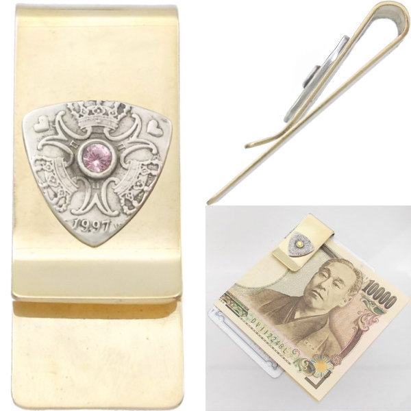 シルバーアクセサリーバズショットの(10月)ピンクトルマリン クローネ ピック コイン スリム ブラスマネークリップ 誕生石｜アングル3