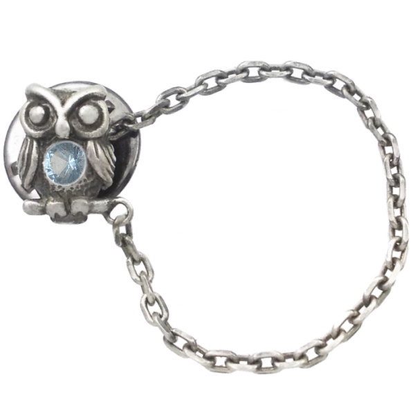 (3月)アクアマリン ふくろう チェーン シルバーピンバッジ ピンズ 誕生石