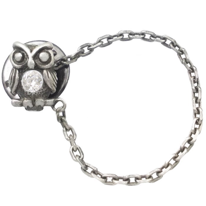 (4月)ジルコニア ふくろう チェーン シルバーピンバッジ ピンズ 誕生石