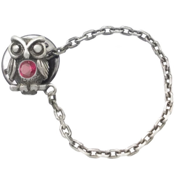 (7月)ルビー ふくろう チェーン シルバーピンバッジ ピンズ 誕生石