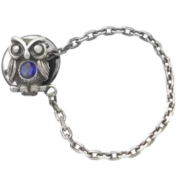 (9月)サファイア ふくろう チェーン シルバーピンバッジ ピンズ 誕生石