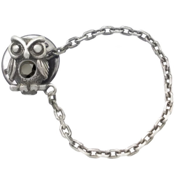 ブラックジルコニア ふくろう チェーン シルバーピンバッジ ピンズ