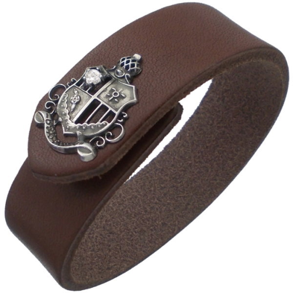 (4月)ジルコニア シールド エンブレム ブラウンレザーブレスレット 誕生石