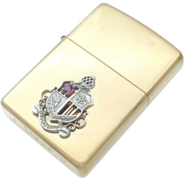 (2月)アメジスト シールド エンブレム センター ブラスジッポ 誕生石