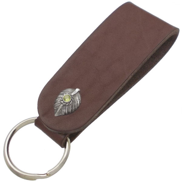 (8月)ペリドット ブラック ネイディブ ハート フェザー ブラウンレザー キーホルダー 誕生石