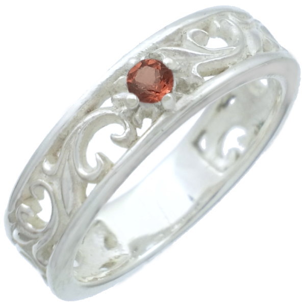 (1月)ガーネット ホワイト アラベスク バンド シルバーリング（指輪） 誕生石