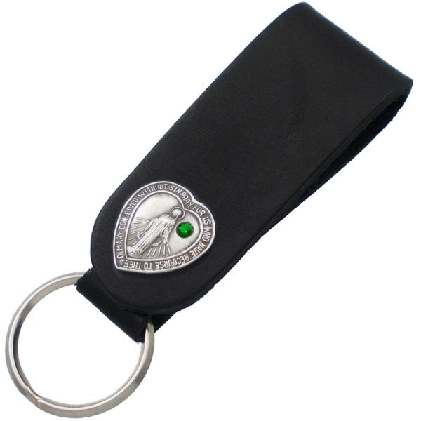 (5月)エメラルドグラス ハート マリア ブラックレザー キーホルダー 誕生石