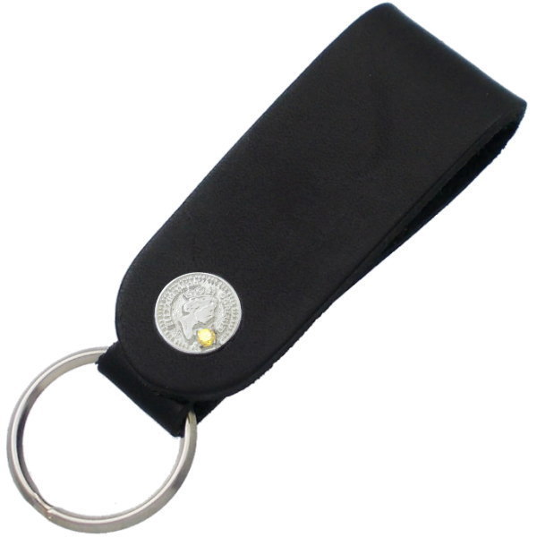 イエロージルコニア ホワイト エリザベス コイン ブラックレザー キーホルダー 金運 開運 誕生石