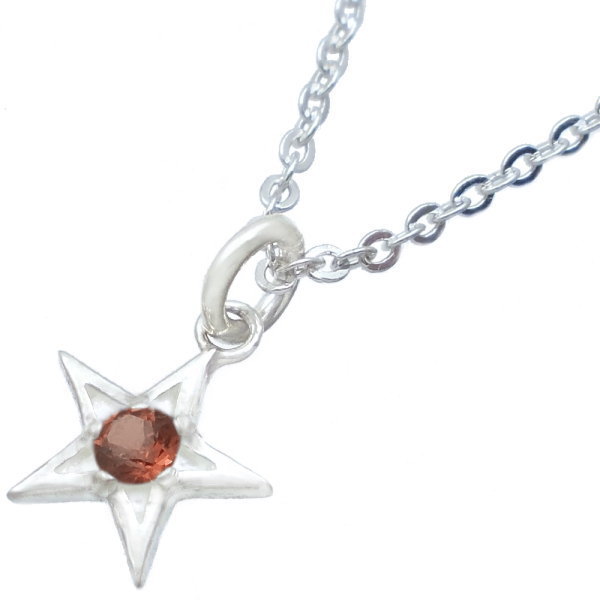(1月)ガーネット ホワイト タイニー スター シルバーチャームネックレス 誕生石