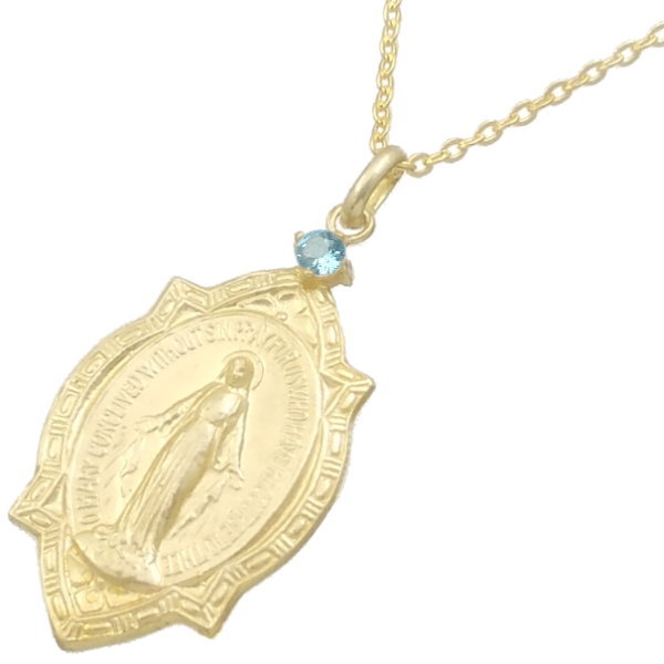 (11月)ブルートパーズ ゴールドコート フレーム マリアメダイ シルバーペンダントネックレス 誕生石