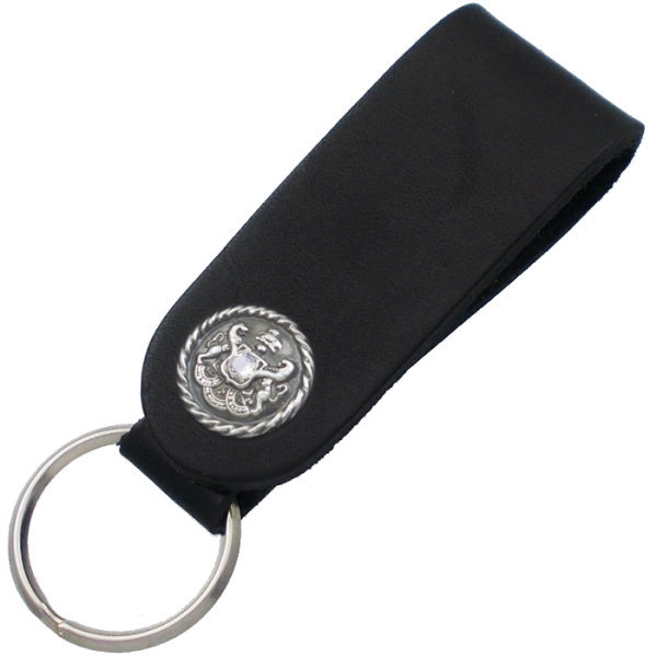 (6月)ブルームーンストーン アンティーク エンブレム ブラックレザー キーホルダー誕生石