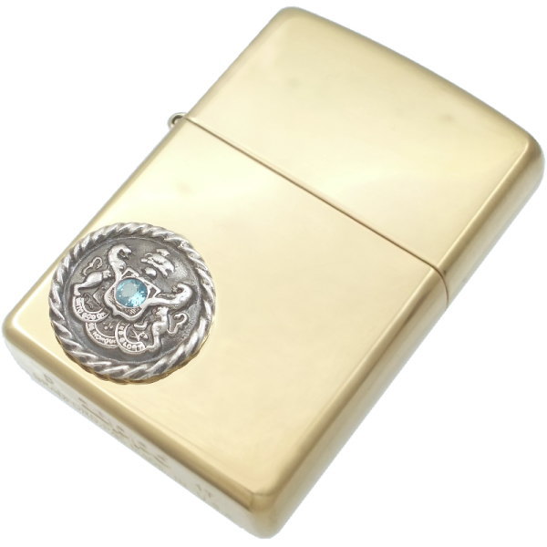 (11月)ブルートパーズ アンティーク エンブレム ブラスジッポ 誕生石