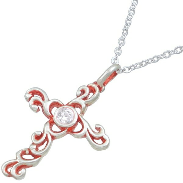 (4月)ジルコニア レッドコート アラベスク クロス シルバーチャームネックレス 誕生石