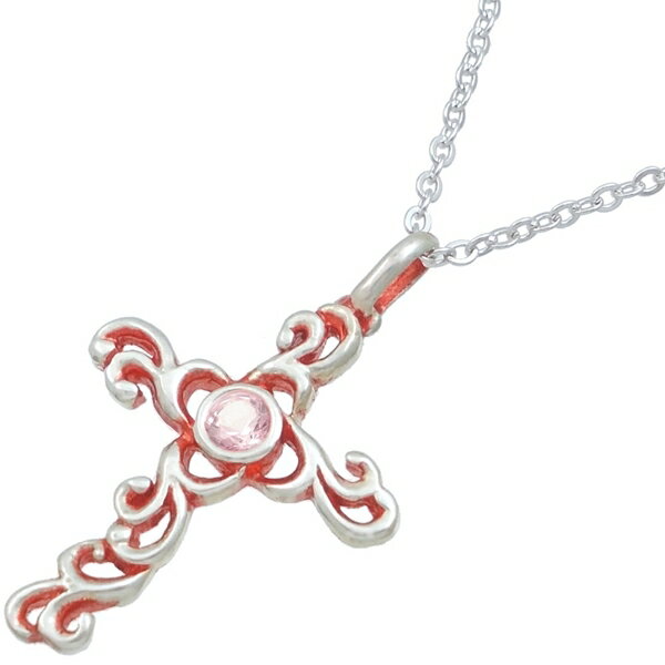 (10月)ピンクトルマリン レッドコート アラベスク クロス シルバーチャームネックレス 誕生石