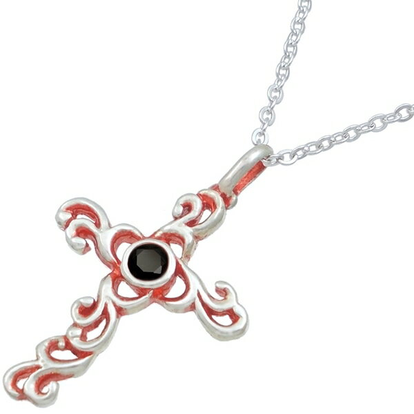 ブラックCZ レッドコート アラベスク クロス シルバーチャームネックレス