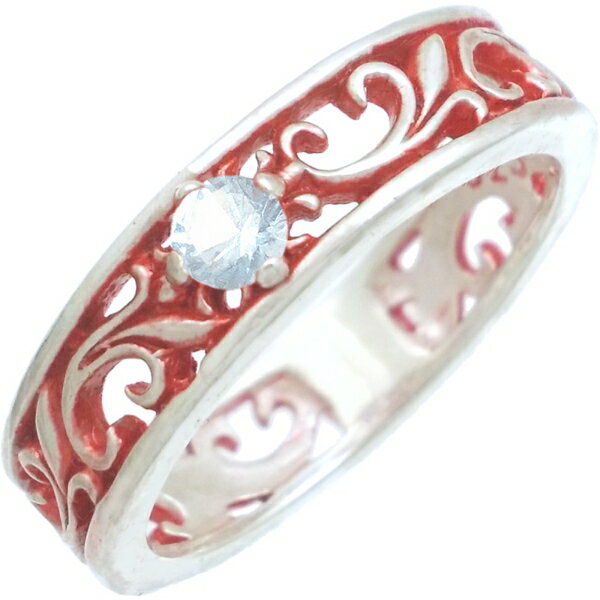 (3月)アクアマリン レッドコート アラベスク バンド シルバーリング(指輪) 誕生石