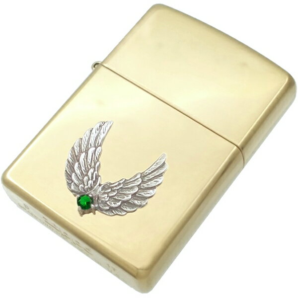 (5月)エメラルドグラス ブラック センター ツイン ウイング ブラスジッポ 誕生石