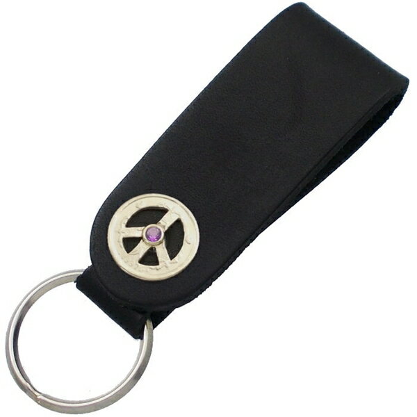 (2月)アメジスト ゴールドコート クローネ ピース コイン ブラックレザー キーホルダー誕生石