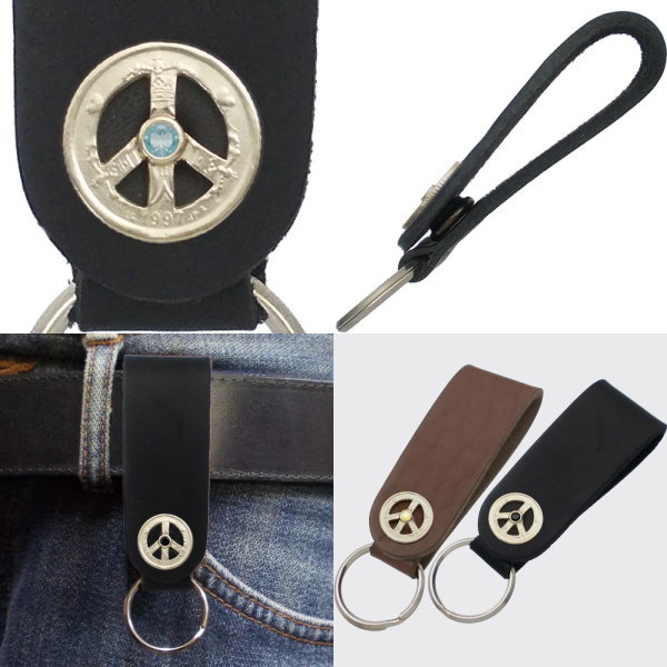 (11月)ブルートパーズ ゴールドコート クローネ ピース コイン ブラックレザー キーホルダー誕生石