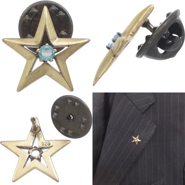 シルバーアクセサリーバズショットの(11月)ブルートパーズ アンティークゴールド ツイン スター シルバーピンバッジ ピンズ誕生石 シルバー925 メンズ レディース アクセサリー｜アングル3