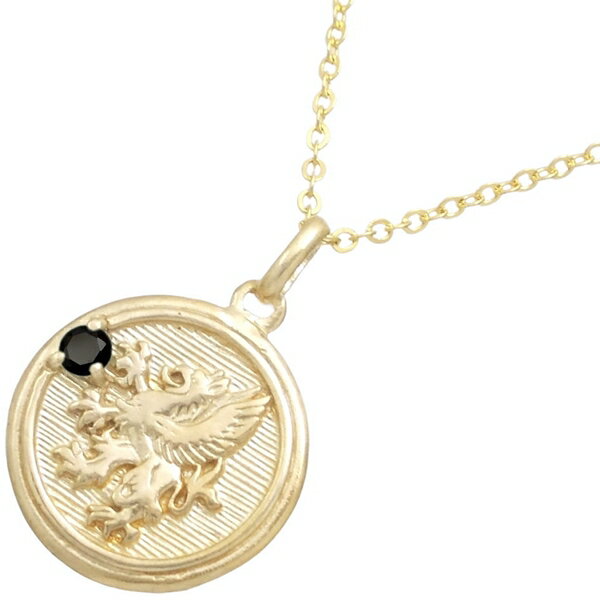 ブラックCZ ゴールドコート グリフォン メダル シルバーペンダントネックレス
