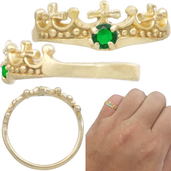 (5月)エメラルドグラス ゴールドコート クロス クラウン シルバーリング（指輪） 誕生石
