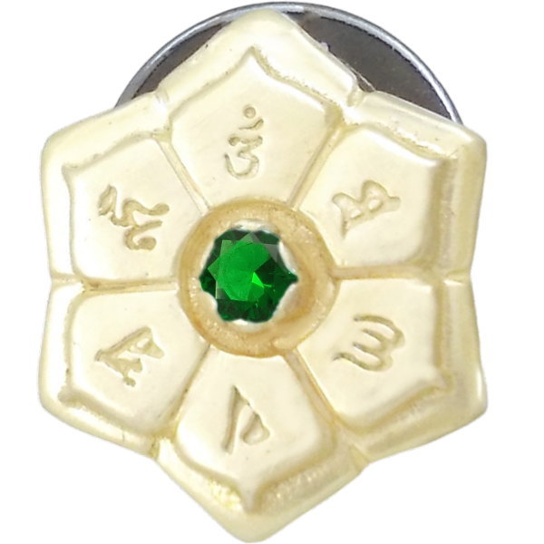 (5月)エメラルドグラス フルゴールド 六字大明呪 梵字 シルバーピンバッジ ピンズ 誕生石 六字真言 お..