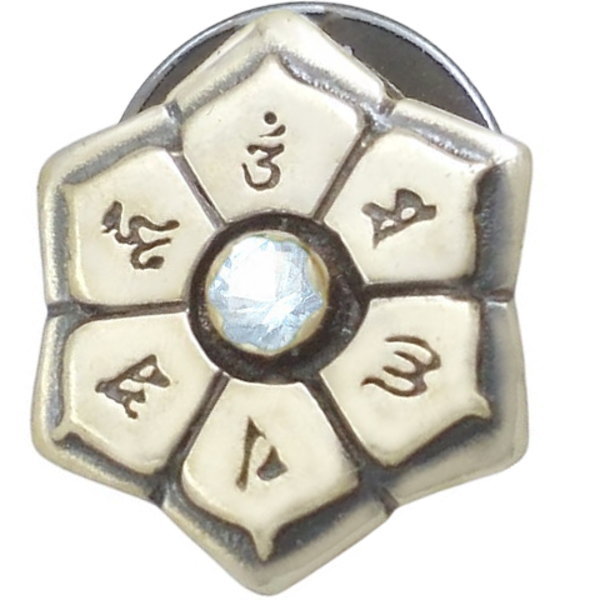 (3月)アクアマリン アンティークゴールド 六字大明呪 梵字 シルバーピンバッジ ピンズ 誕生石 六字真言 お守り