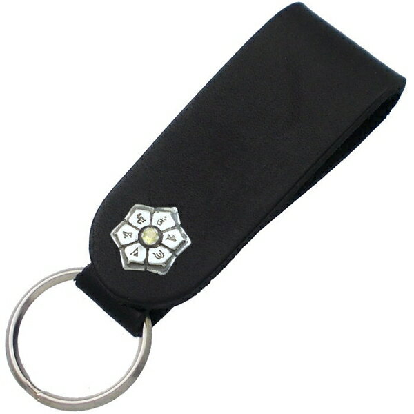 (8月)ペリドット ブラック 六字大明呪 梵字 ブラックレザー キーホルダー 誕生石 六字真言 お守り