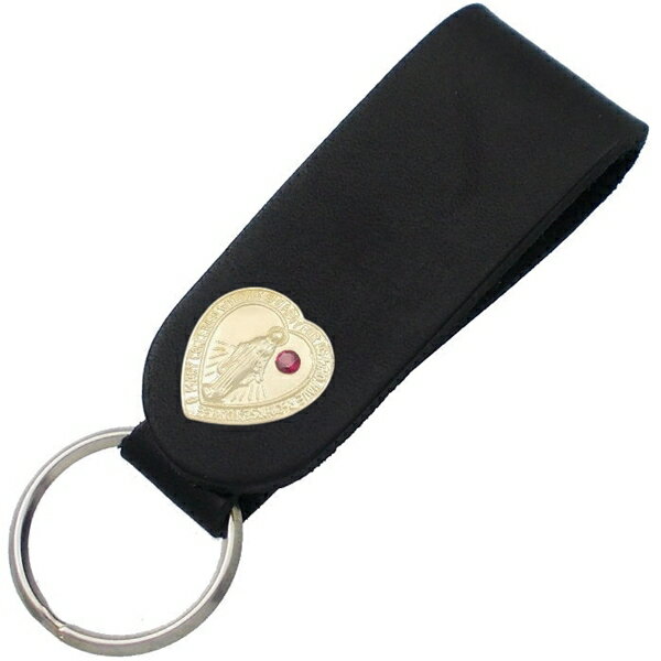 (7月)ルビー ゴールドコート ハート マリア ブラックレザー キーホルダー 誕生石