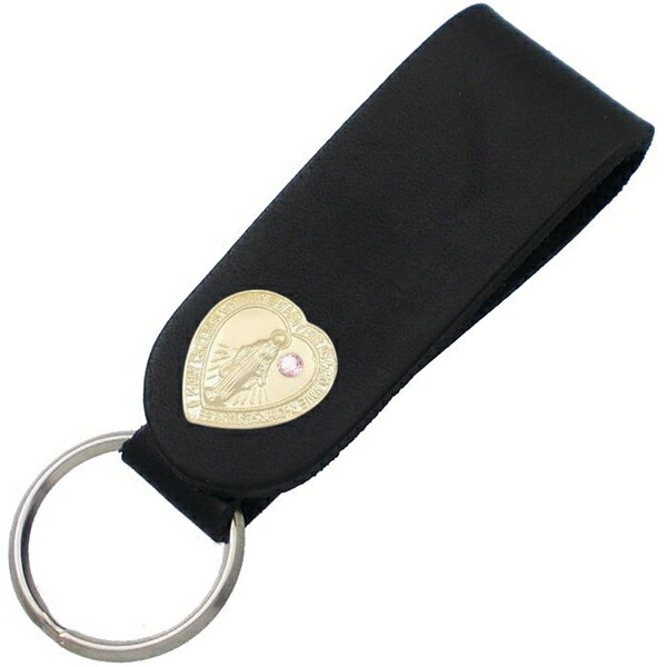 (10月)ピンクトルマリン ゴールドコート ハート マリア ブラックレザー キーホルダー誕生石