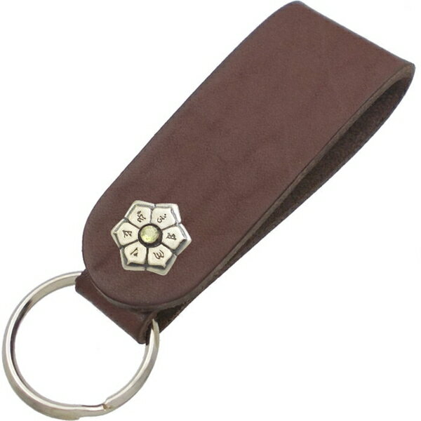 (8月)ペリドット アンティークゴールド 六字大明呪 梵字 ブラウンレザー キーホルダー 誕生石 六字真言..