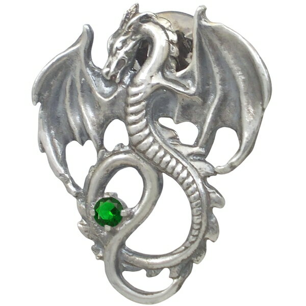 (5月)エメラルドグラス フライング ドラゴン シルバーピンバッジ ピンズ 誕生石