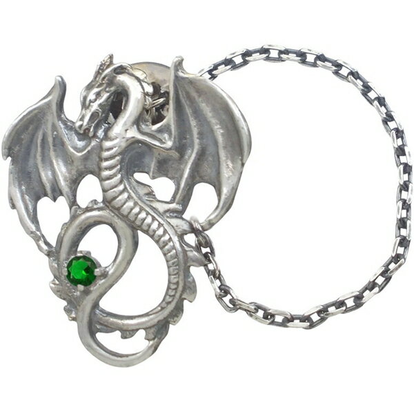 (5月)エメラルドグラス フライング ドラゴン チェーン シルバーピンバッジ ピンズ 誕生石