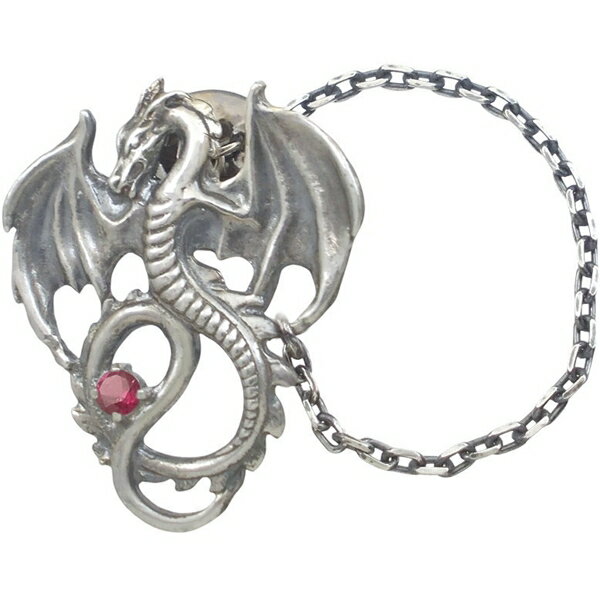 (7月)ルビー フライング ドラゴン チェーン シルバーピンバッジ ピンズ 誕生石