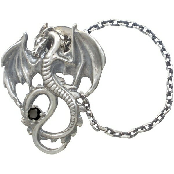 ブラックジルコニア フライング ドラゴン チェーン シルバーピンバッジ ピンズ