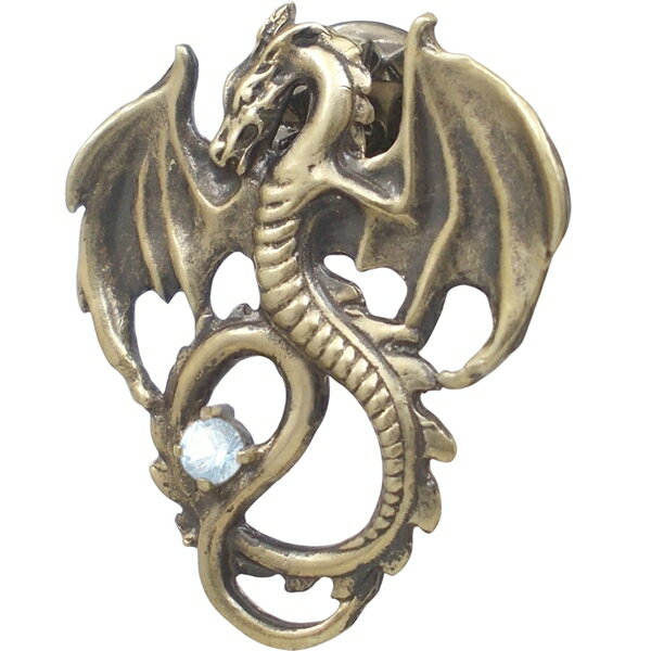 (3月)アクアマリン アンティークゴールド フライング ドラゴン シルバーピンバッジ ピンズ 誕生石