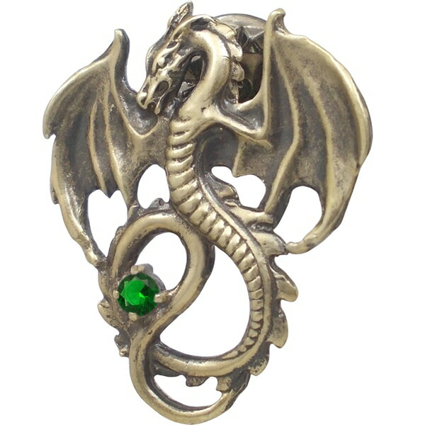 (5月)エメラルドグラス アンティークゴールド フライング ドラゴン シルバーピンバッジ ピンズ 誕生石