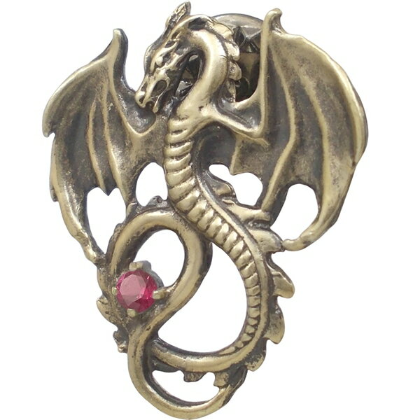 (7月)ルビー アンティークゴールド フライング ドラゴン シルバーピンバッジ ピンズ 誕生石