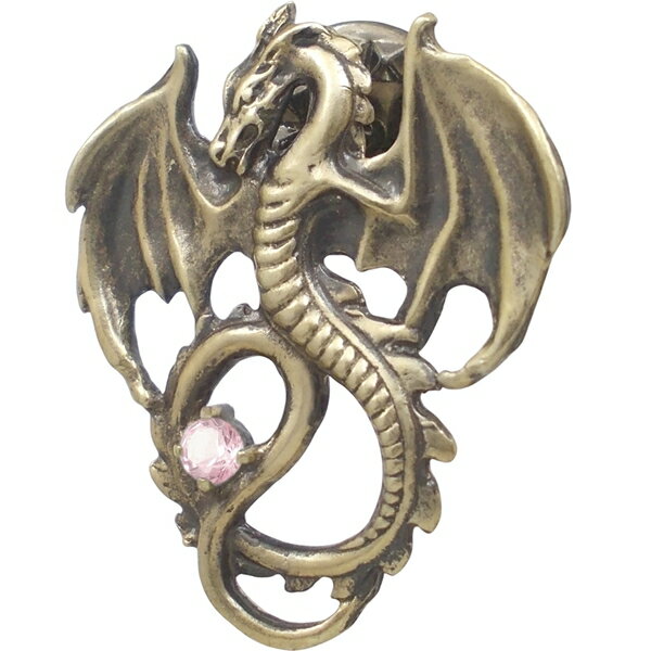 (10月)ピンクトルマリン アンティークゴールド フライング ドラゴン シルバーピンバッジ ピンズ 誕生石