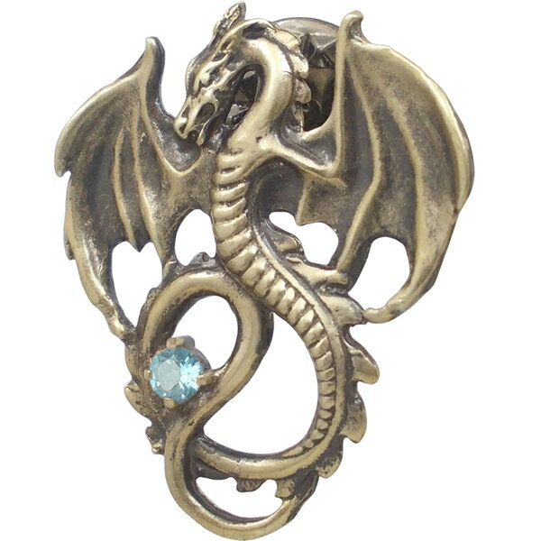 (11月)ブルートパーズ アンティークゴールド フライング ドラゴン シルバーピンバッジ ピンズ 誕生石
